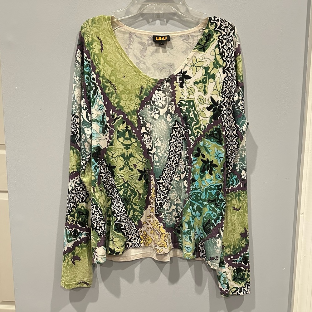 Silk Lightweight Knit Long Sleeve Sweater V-Neck Abstract Floral Y2K Grunge Lg - Picture 16 of 16